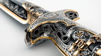 Obraz premium A stylized cut-out of a Japanese katana sword, reflective polished blade, intricate black and gold hilt design