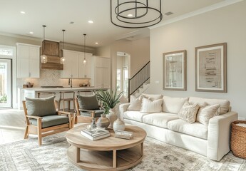 Modern Living Room Interior with Cozy Sofa, Stylish Chairs, Elegant Lighting, Neutral Color Palette, and Inviting Atmosphere for Contemporary Home Decor