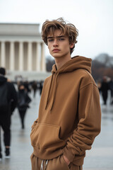 Young Man in Brown Sweatshirt at Lincoln Memorial in Washington, D.C.