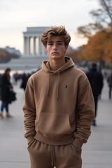 Young Man in Brown Sweatshirt at Lincoln Memorial in Washington, D.C.