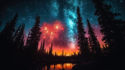 Night Sky Fireworks Over Silhouetted Pine Forest