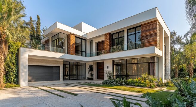 Modern Luxurious House Surrounded by Lush Greenery Featuring Large Windows, Stylish Architecture, and Expansive Outdoor Space for Contemporary Living