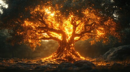 Glowing Ancient Tree of Life in Mystical Forest