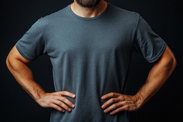 A man stands confidently with hands on hips, wearing a gray t-shirt against a dark background.