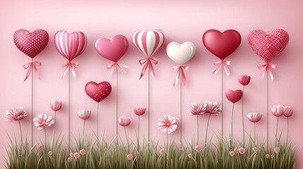 Heart balloons in a pink field with flowers and grass