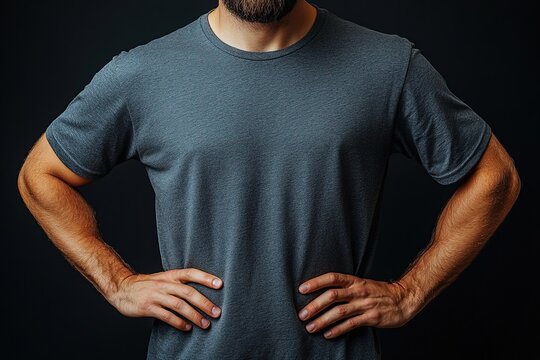 A man stands confidently with hands on hips, wearing a gray t-shirt against a dark background.