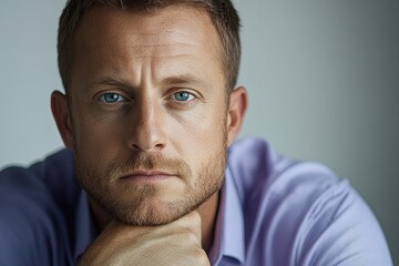 Obraz premium A close-up portrait of a man with blue eyes and a serious expression, resting his chin on his hand.