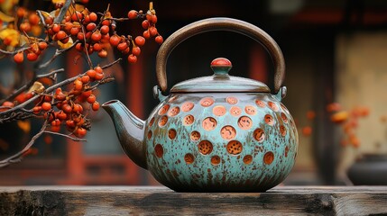 Elegant Teal Teapot with Autumnal Accents