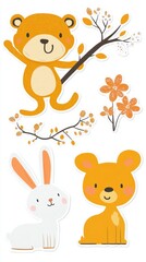 Obraz premium Adorable Autumn Animals: Playful Bears, Bunny and Blooming Branches Illustration