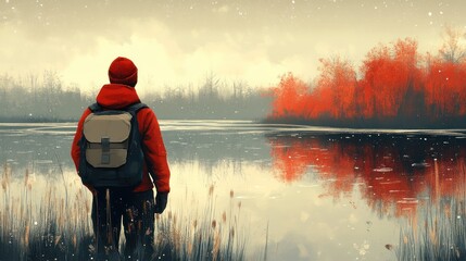 Solitude by the Autumn Lake: A Digital Painting