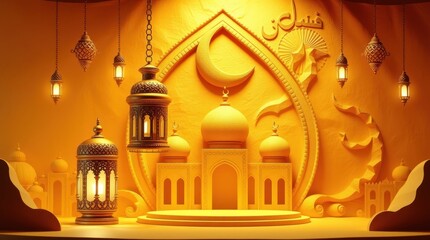 Obraz premium Ramadan Kareem background, 3D rendered, warm golden glow. Sculptural clay art style features an ornate Arabic lantern, metal moon, and mosque portal. 