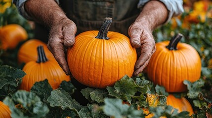 Farmer's hands holding pumpkin, autumn harvest, pumpkin patch.  Use Thanksgiving, fall, food blog