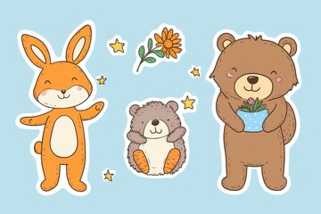 Obraz premium Adorable Cartoon Animals Stickers Set: Bunny, Bear, Hedgehog and Flower