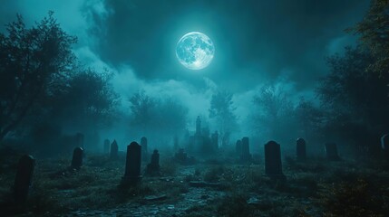a dimly lit graveyard with a full moon in the background
