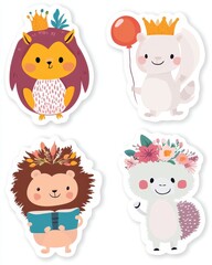 Adorable Animal Stickers Set: Crowned Hedgehog, Bunny, Lion, and Flower Alpaca