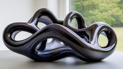 Complexity geometry and detailed, A modern, abstract sculpture with smooth, flowing curves and glossy black finish, set against a natural backdrop of greenery.