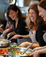 A group of friends taking a cooking class together, laughing while trying new recipes,