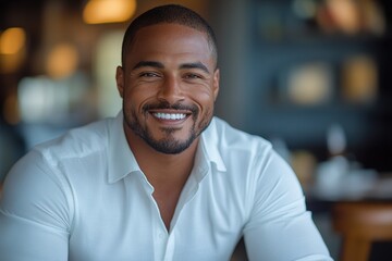 Naklejka premium A smiling man in a casual setting, exuding confidence and warmth.