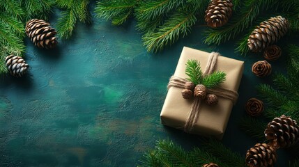 Rustic Christmas Gift with Pine Cones and Evergreen Branches