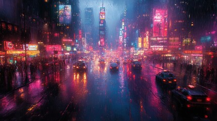 Rainy Night in Times Square, Neon Lights Reflecting on Wet Streets