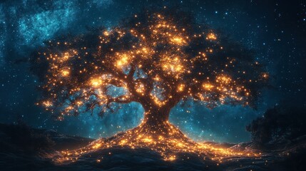 Enchanted Glowing Tree Underneath a Starry Night Sky