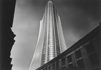 Modern Skyscraper in Urban Landscape Surrounded by Historical Architecture Presenting a Striking Contrast in Black and White Photography