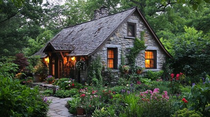 Fototapeta premium Charming Stone Cottage with Garden Path and Flowers