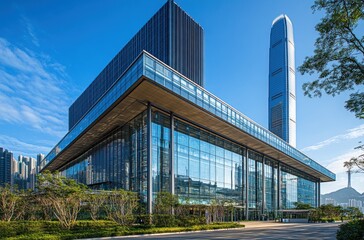 Obraz premium Modern skyscraper with sleek glass facade showcasing contemporary architecture against blue sky in an urban setting with greenery and city background