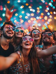 A group of friends taking a selfie at a festival, joyful expressions, vibrant lighting, colorful crowd background,