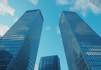 Fototapeta premium Modern skyscrapers reaching towards the blue sky, showcasing reflective glass facades and contemporary architectural design in an urban environment full of light.