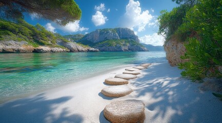 Serene Beach Steps Leading to Turquoise Waters and Majestic Mountains