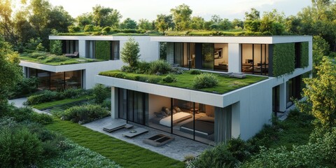 Fototapeta premium Modern sustainable eco-friendly houses with green roofs surrounded by lush greenery and natural landscape, showcasing innovative architecture and harmonious living with nature.