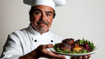 A Proud Chef Presents His Delicious Grilled Meat Dish