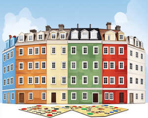 Fototapeta premium Colorful buildings in cityscape with game board in foreground