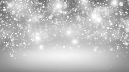 Winter background with the image of falling snow, stars and bokeh lights, white and gray colors, shiny glittery texture, blurred background