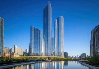 Naklejka premium Modern Urban Skyline Featuring Tall Glass Buildings Reflected in Calm Water Under Clear Blue Sky with Bright Sunlight and Lush Green Trees in the Foreground