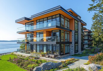 Modern waterfront villa with large windows featuring contemporary architecture in a serene coastal environment surrounded by greenery and rocky shoreline.