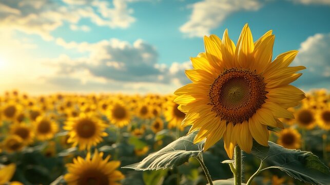 Sunset over a sunflower field; nature photography for calendars