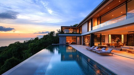 Luxurious Modern Villa with Infinity Pool and Ocean View at Sunset