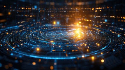 Fototapeta premium Abstract digital landscape with swirling lights and patterns, representing technology and data visualization.
