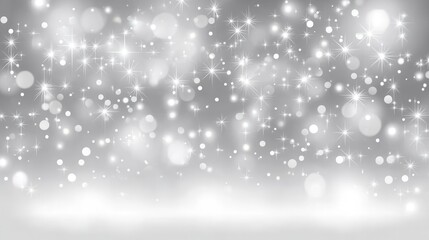 Winter background with the image of falling snow, stars and bokeh lights, white and gray colors, shiny glittery texture, blurred background