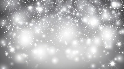 Fototapeta premium Winter background with the image of falling snow, stars and bokeh lights, white and gray colors, shiny glittery texture, blurred background
