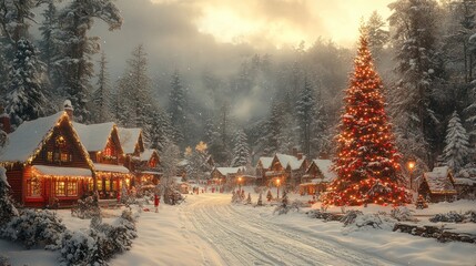 Magical Christmas Village in a Snowy Forest