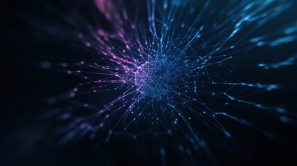 An abstract representation of interconnected nodes and lines in vibrant blue and purple tones, creating a sense of depth and movement against a dark background.