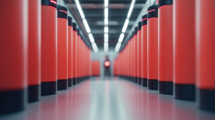 A corridor lined with vibrant red columns and dramatic lighting, creating a striking visual depth and perspective.