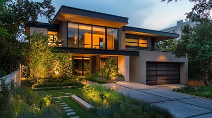 Fototapeta premium Modern House with Stone Pathway and Landscape Lighting at Dusk