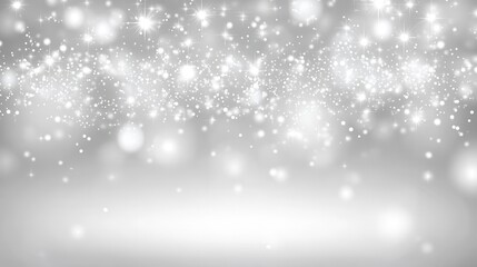 Winter background with the image of falling snow, stars and bokeh lights, white and gray colors, shiny glittery texture, blurred background