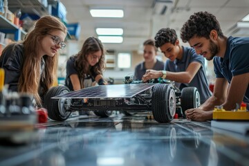 A group of students working on a solar car project in a modern lab,