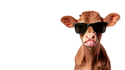 Cute brown cow wearing sunglasses and sticking out tongue,PNG,clipart,funny animal concept
