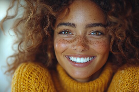 A joyful woman with curly hair and freckles smiles warmly in a cozy sweater.